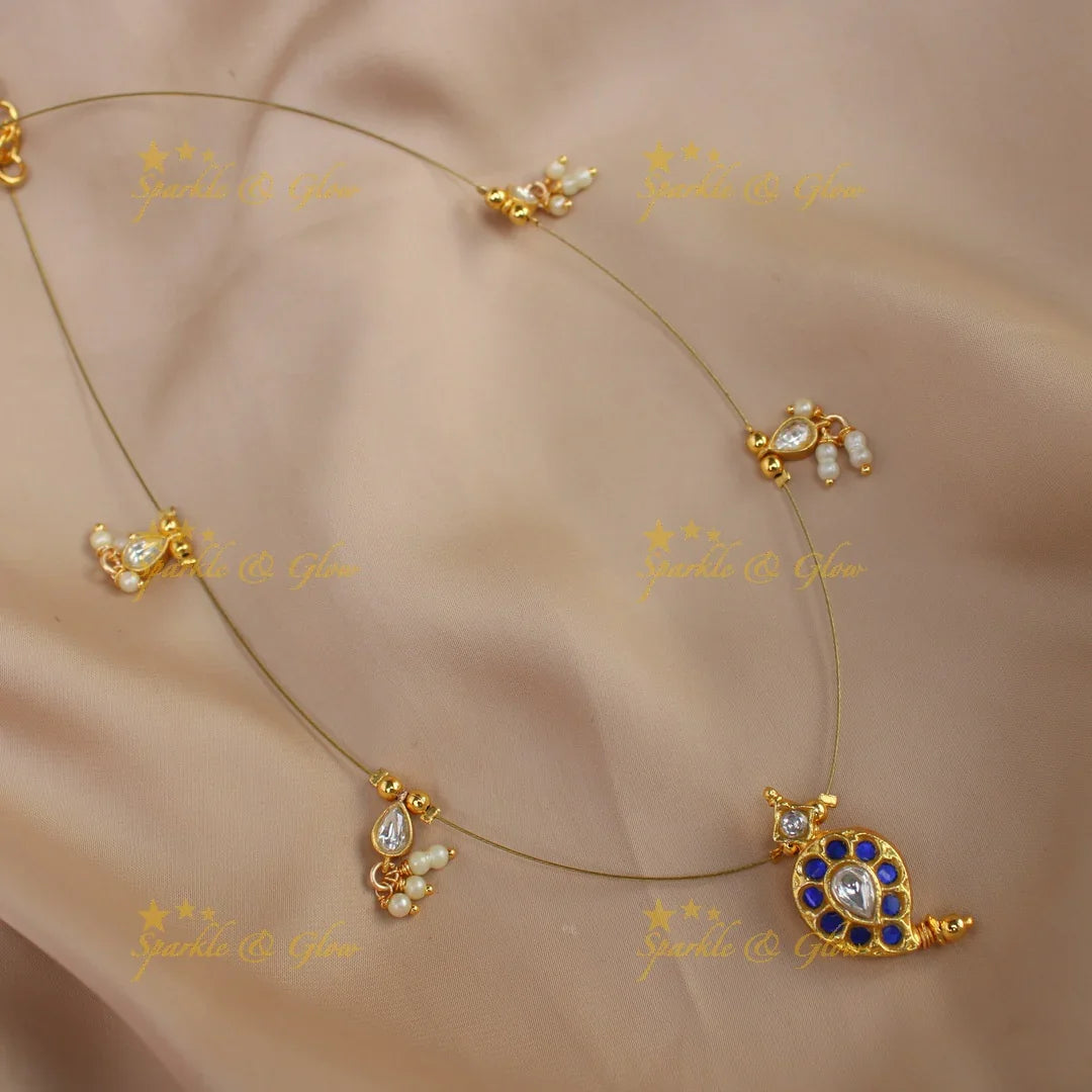 Stunning jadau mango design pendant short necklace with invisible chain - Blue - Sparkle and Glow