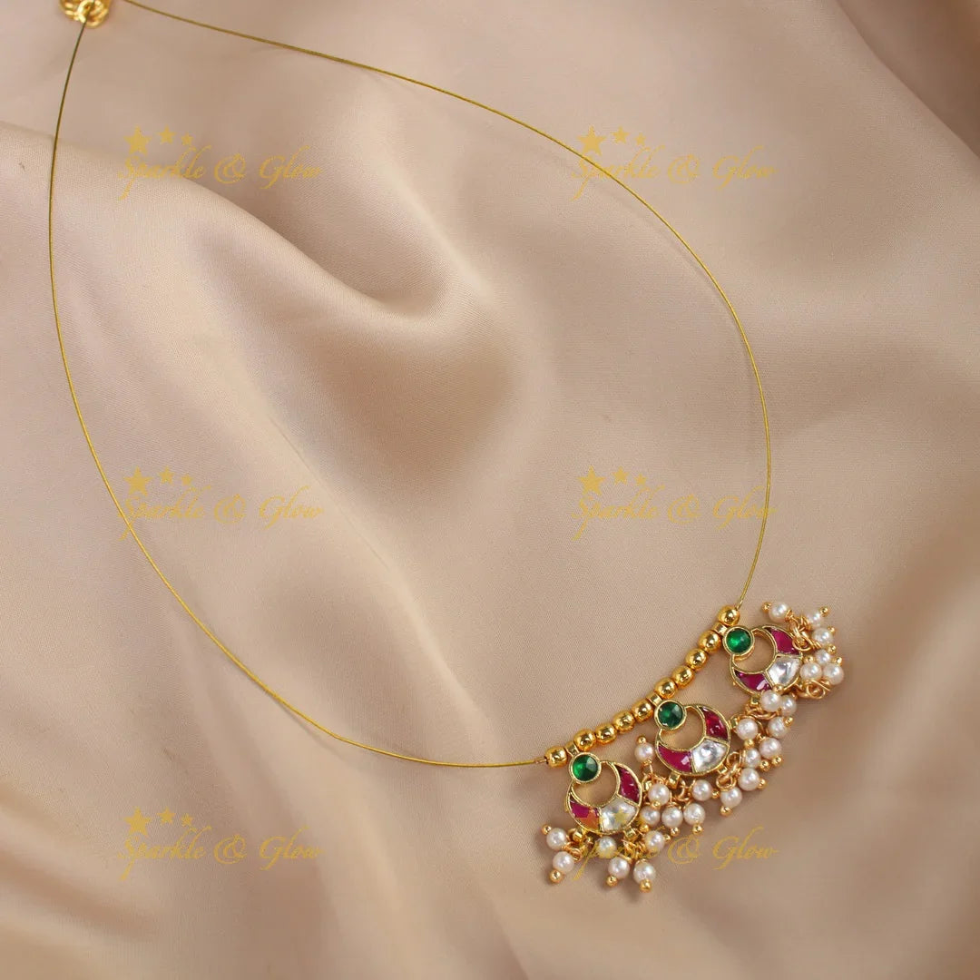 Elegant jadau pink and white colour pendant short necklace with invisible chain - 1 - Sparkle and Glow
