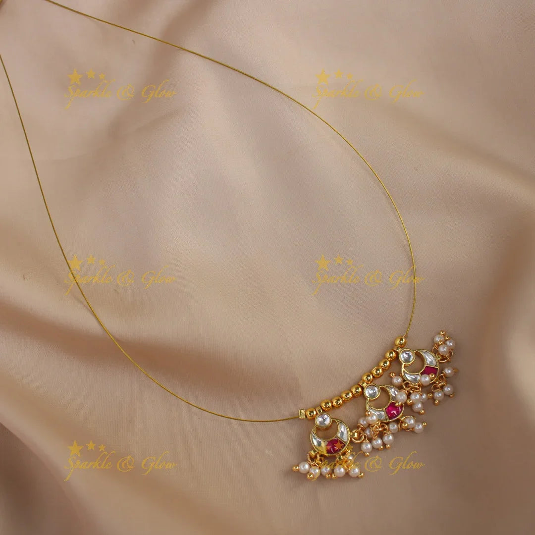 Elegant jadau pink and white colour pendant short necklace with invisible chain - 1 - Sparkle and Glow