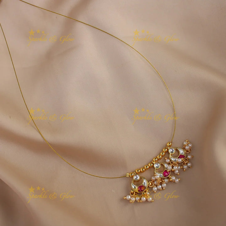 Elegant jadau pink and white colour pendant short necklace with invisible chain - 1 - Sparkle and Glow