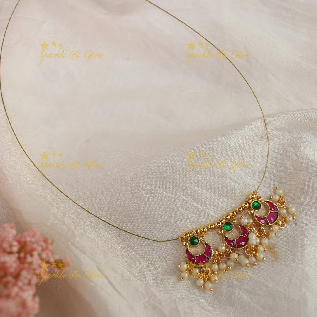 Elegant jadau pink and white colour pendant short necklace with invisible chain - 1 - Sparkle and Glow