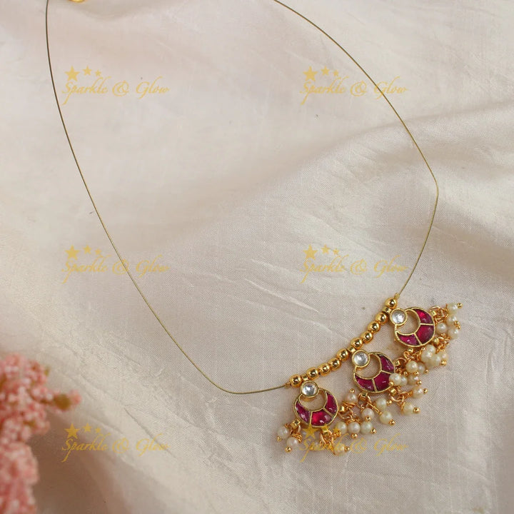 Elegant jadau pink and white colour pendant short necklace with invisible chain - 1 - Sparkle and Glow