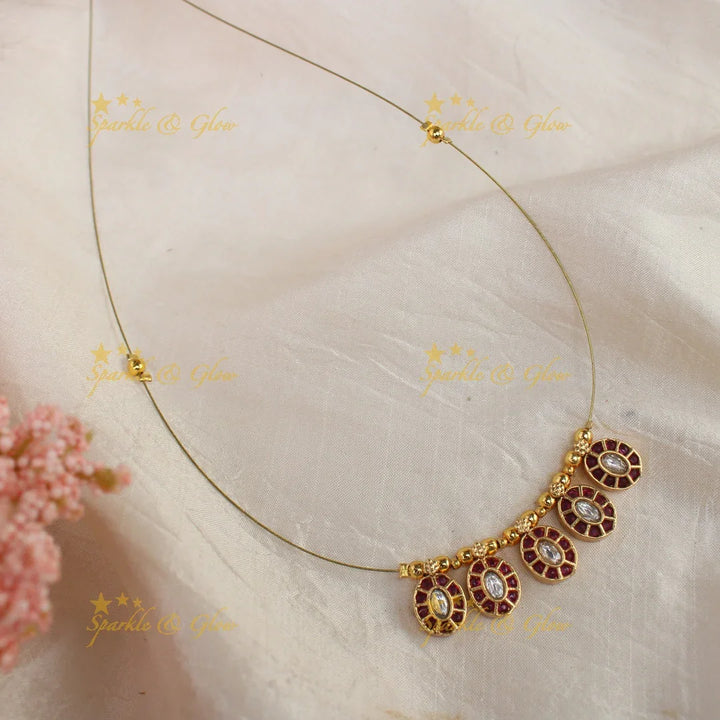 Beautiful pink and green oval shaped kemp stone pendant with invisible chain short necklace - Sparkle and Glow