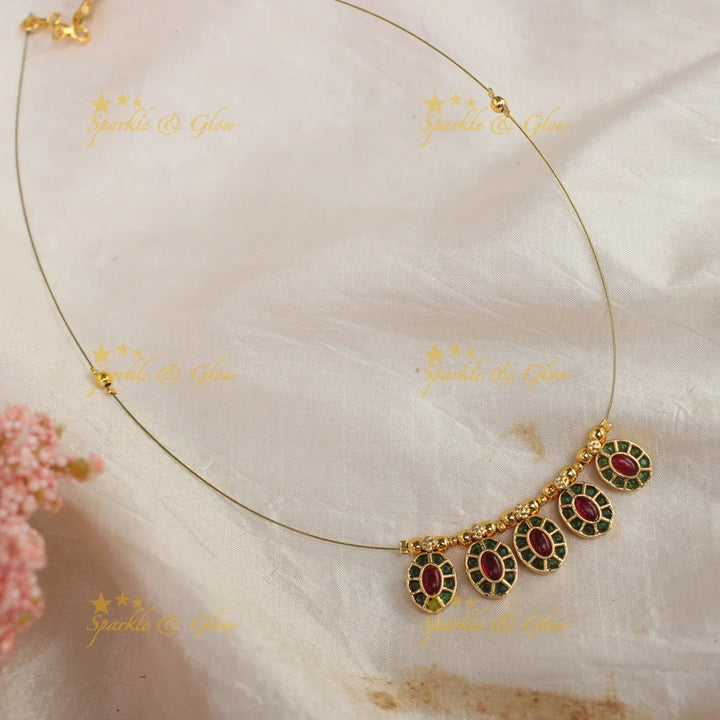 Beautiful pink and green oval shaped kemp stone pendant with invisible chain short necklace - Sparkle and Glow