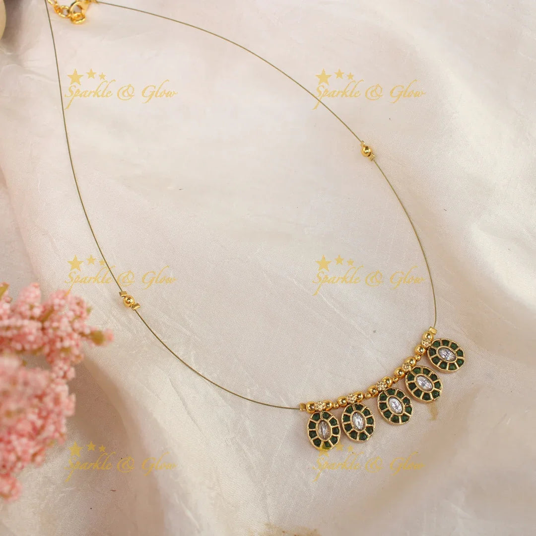 Beautiful pink and green oval shaped kemp stone pendant with invisible chain short necklace - Sparkle and Glow