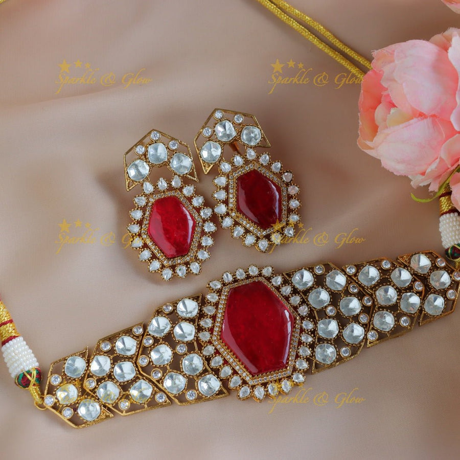 Statement Kundan Victorian AD Hexagon shape choker - Sparkle and Glow - Back Thread - 