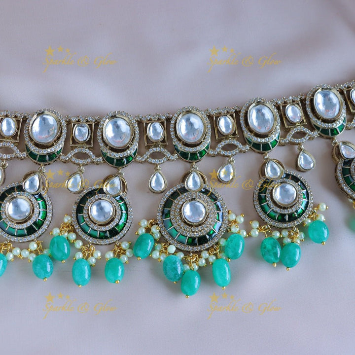Intricately carved victorian AD choker with Kundan stones - Green - Sparkle and Glow - 