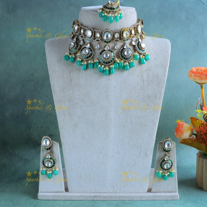 Intricately carved victorian AD choker with Kundan stones - Green - Sparkle and Glow - 