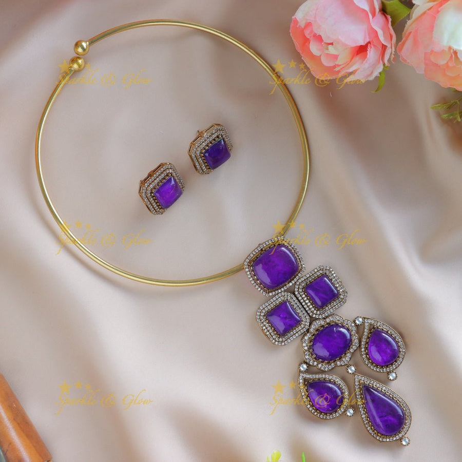 Statement Mango square pendant Victorin AD hasli choker - Purple - Sparkle and Glow - 