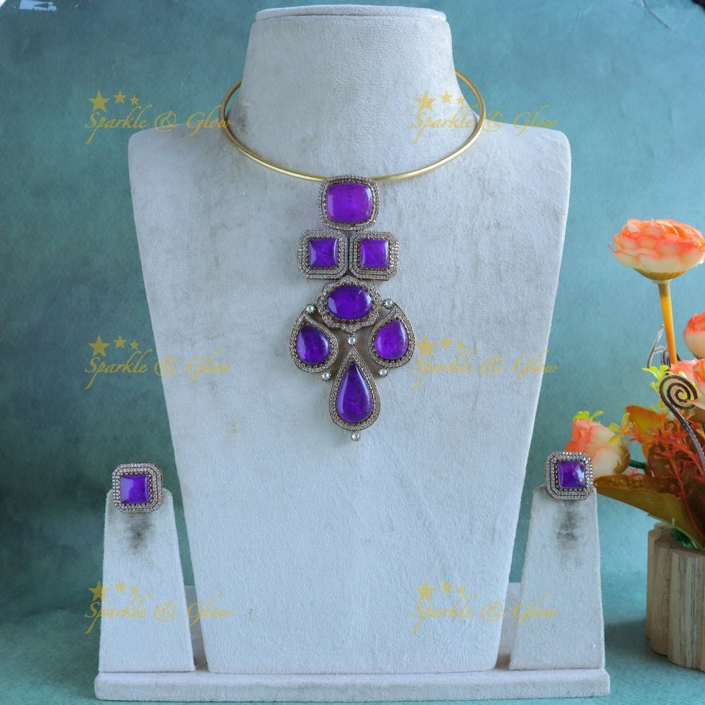 Statement Mango square pendant Victorin AD hasli choker - Purple - Sparkle and Glow - 