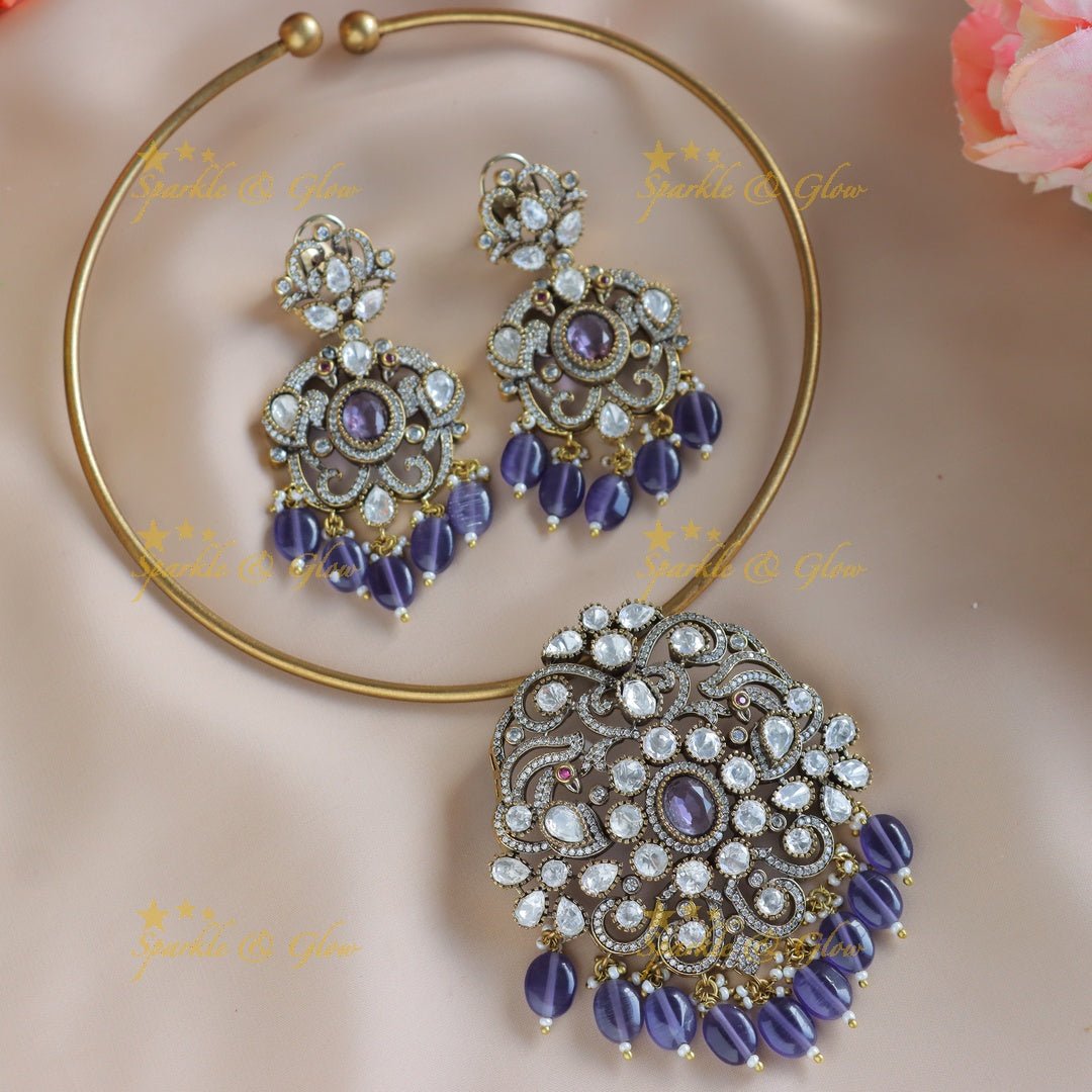 Gracious Kundan Floral Victorian AD hasli choker - Voilet - Sparkle and Glow - 