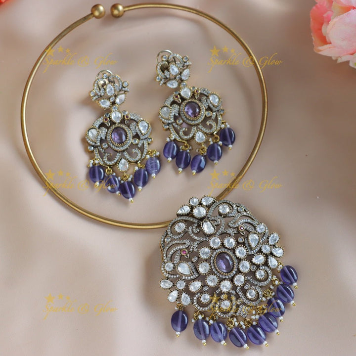 Gracious Kundan Floral Victorian AD hasli choker - Voilet - Sparkle and Glow - 