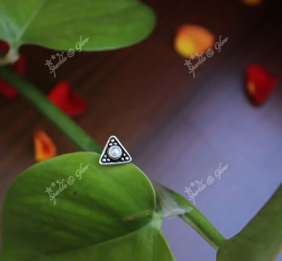 Sterling silver semi precious stone pierced nose pin - Pearl - Sparkle and Glow