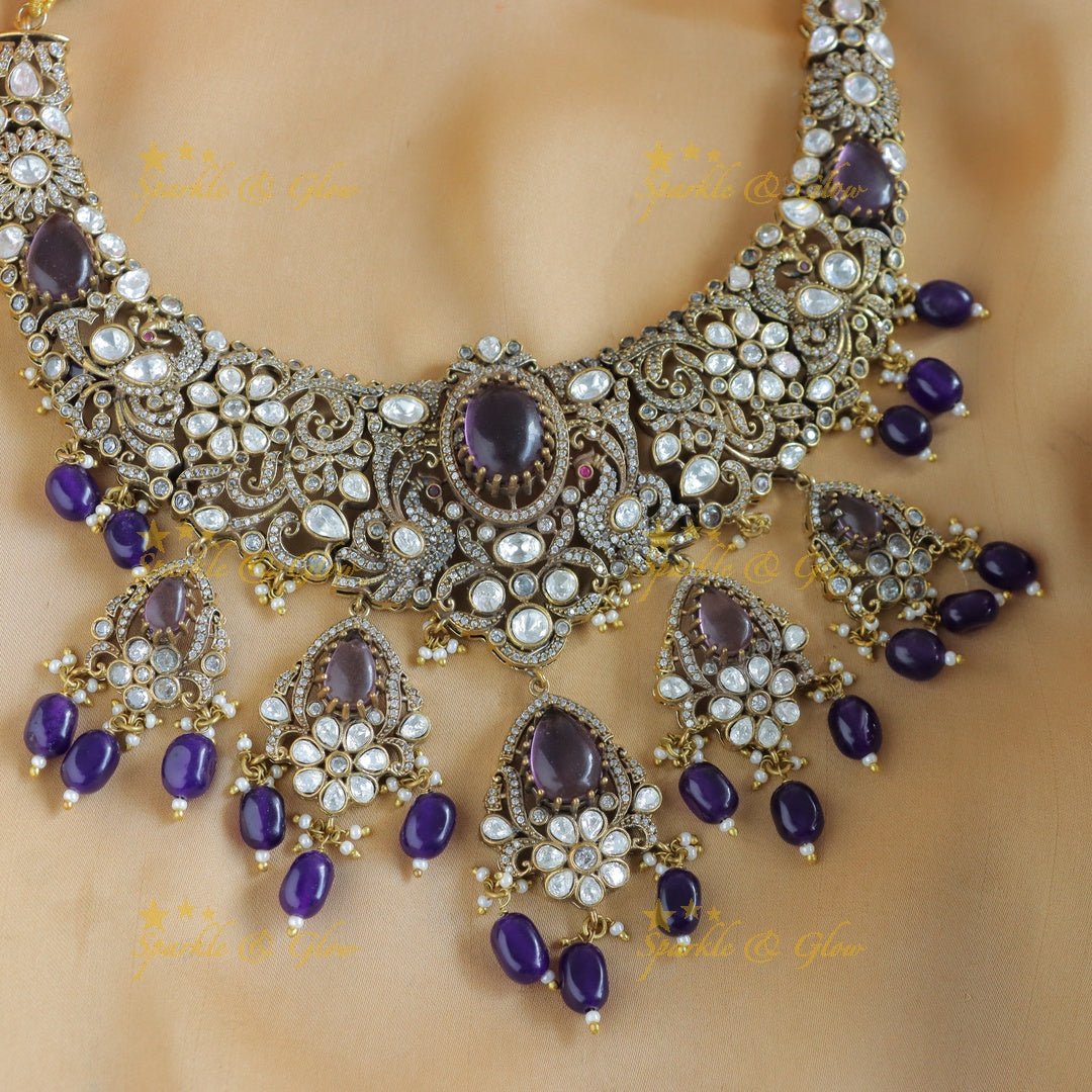 Gracious Victorian AD Peacock Floral Kundan short necklace - Sparkle and Glow - Back Thread - 