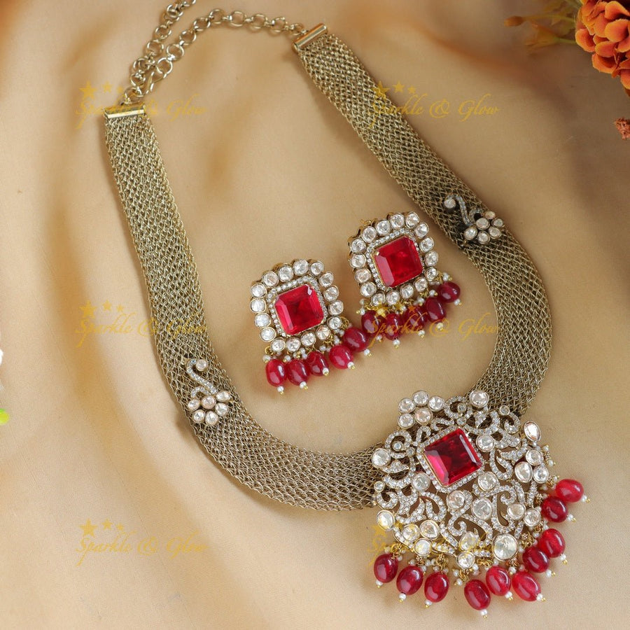 Grand Floral pendant carved Victorian AD kundan necklace - Sparkle and Glow - Back Thread - 