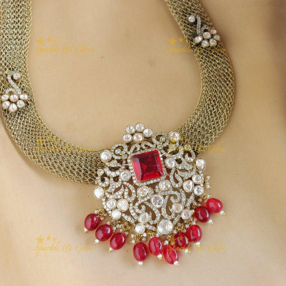 Grand Floral pendant carved Victorian AD kundan necklace - Sparkle and Glow