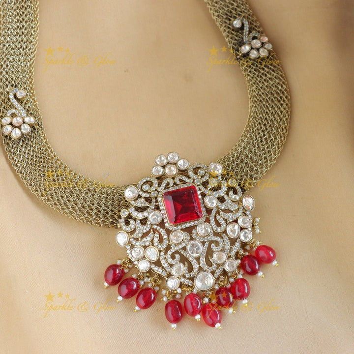 Grand Floral pendant carved Victorian AD kundan necklace - Sparkle and Glow - Back Thread - 