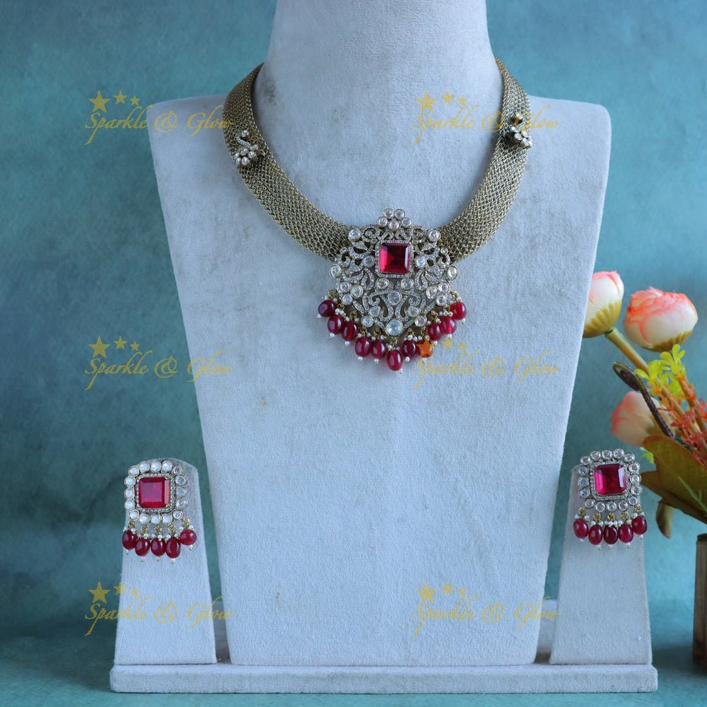 Grand Floral pendant carved Victorian AD kundan necklace - Sparkle and Glow - Back Thread - 