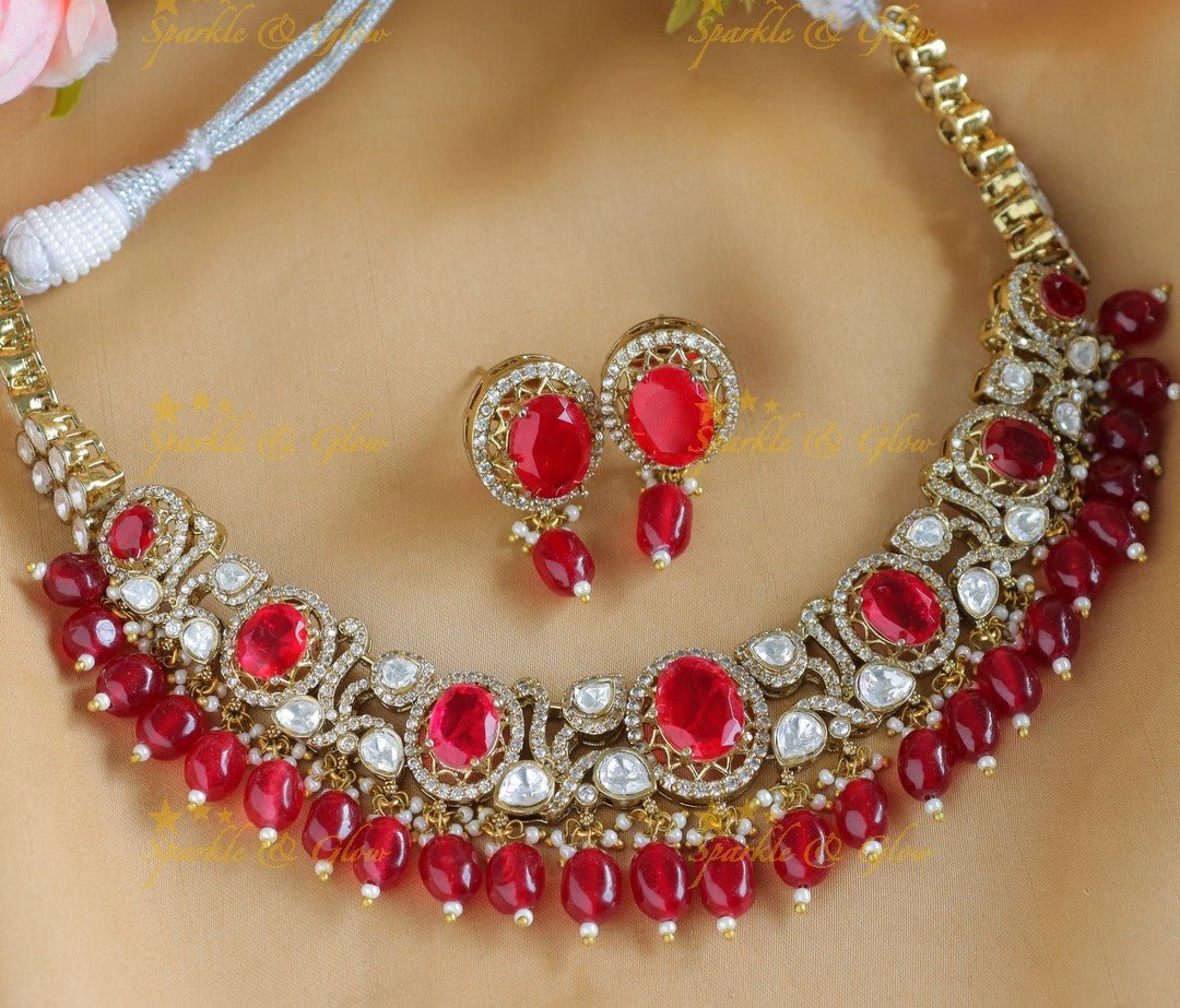 Stunning Oval Stone Leaf carved Victorian AD kundan short necklace - Sparkle and Glow - Back Thread - 