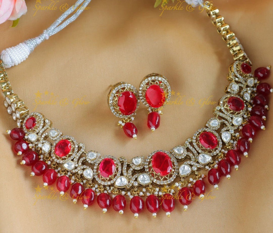 Stunning Oval Stone Leaf carved Victorian AD kundan short necklace - Sparkle and Glow - Back Thread - 