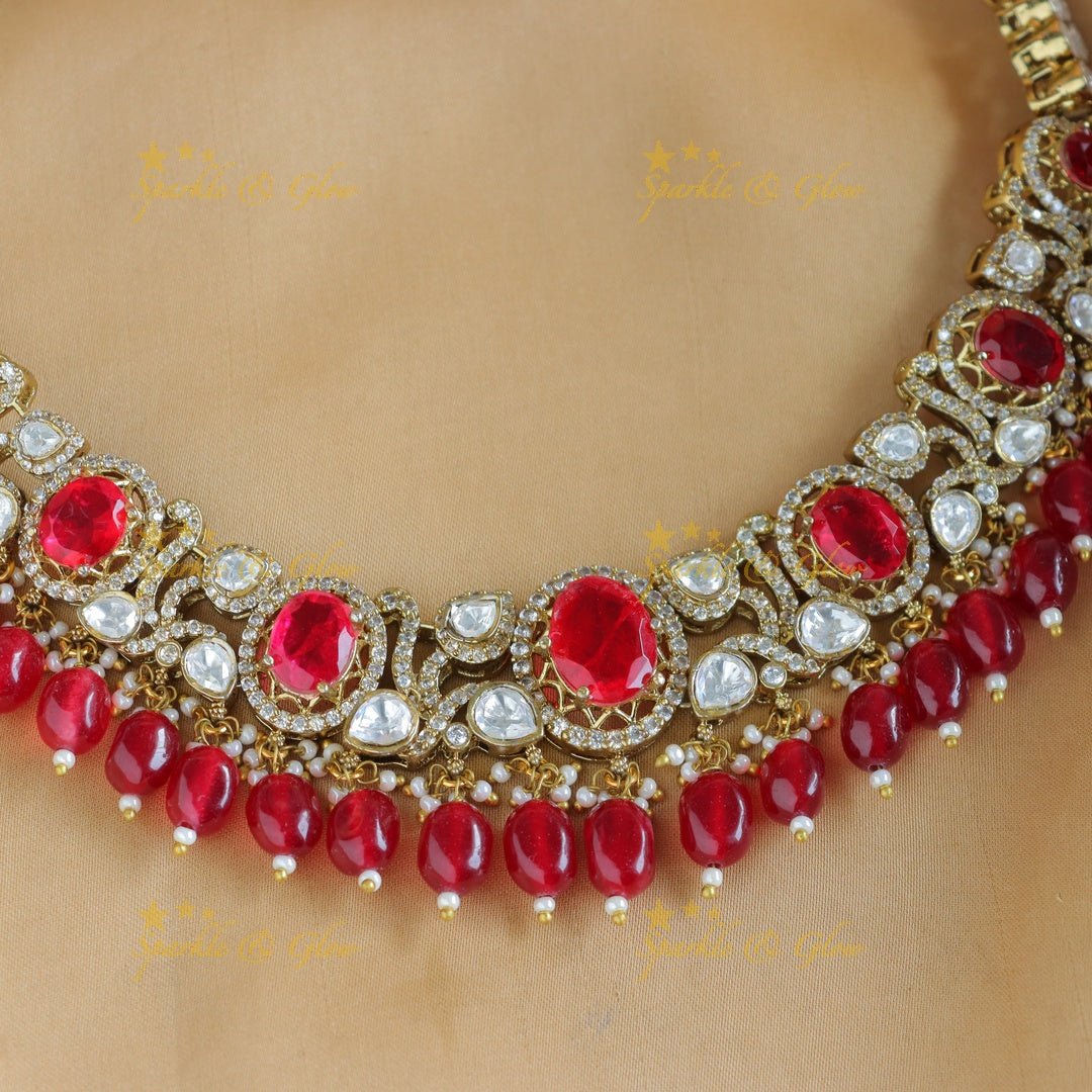 Stunning Oval Stone Leaf carved Victorian AD kundan short necklace - Sparkle and Glow - Back Thread - 