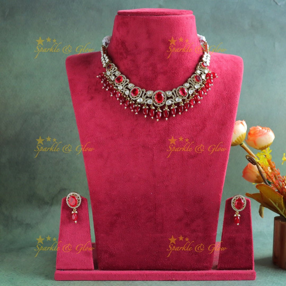 Stunning Oval Stone Leaf carved Victorian AD kundan short necklace - Sparkle and Glow - Back Thread - 