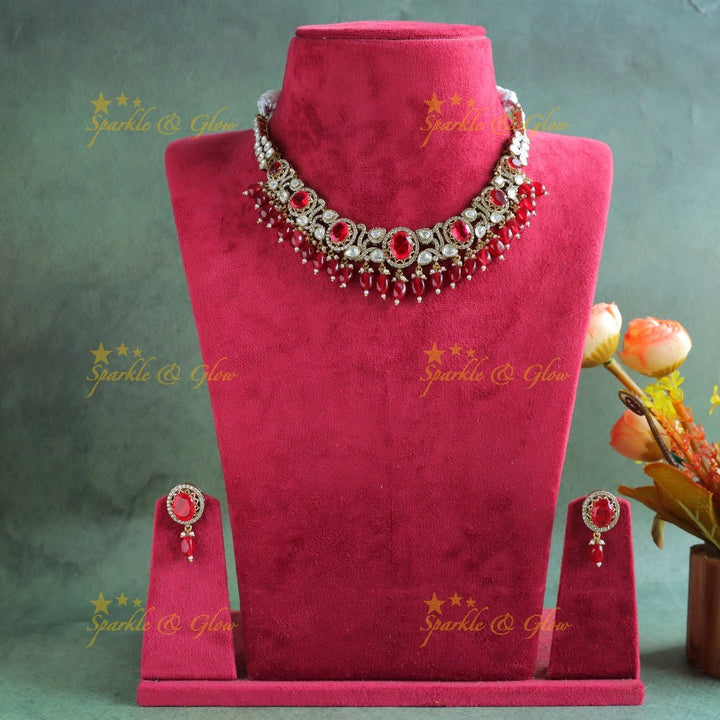 Stunning Oval Stone Leaf carved Victorian AD kundan short necklace - Sparkle and Glow - Back Thread - 