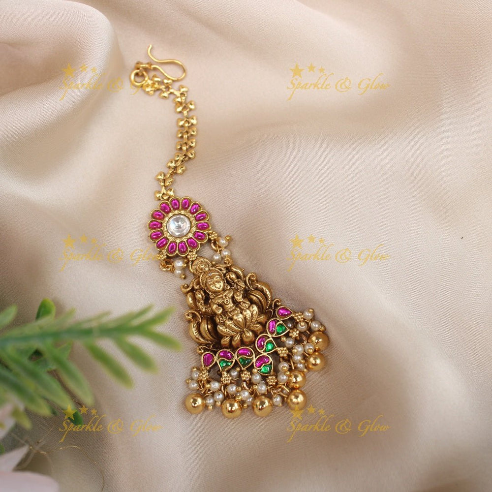 Grand Lakshmi Floral Kemp maangtikka with green beads - Green - Sparkle and Glow - Gold - 