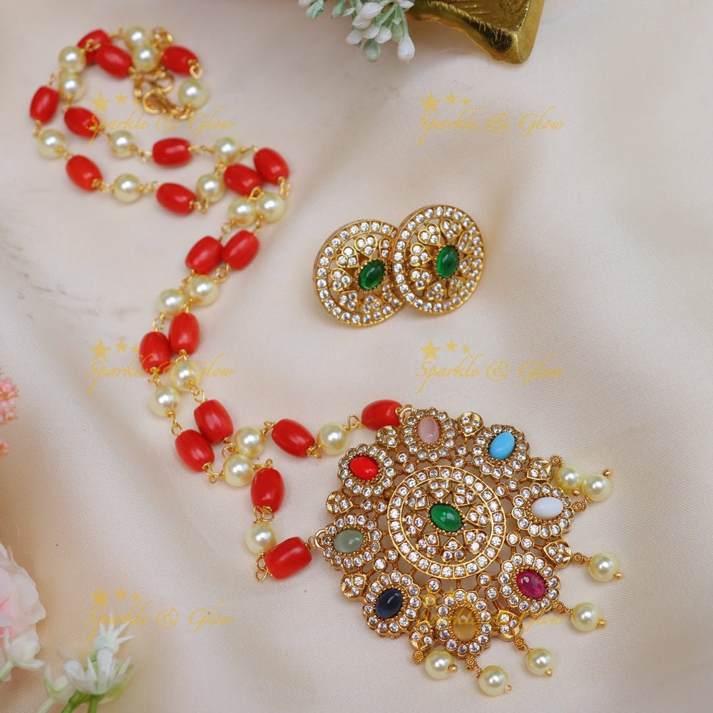 Pretty navarathna pendent with coral and pearl - Sparkle and Glow - Back Thread - 