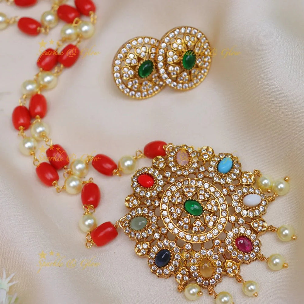 Pretty navarathna pendent with coral and pearl - Sparkle and Glow