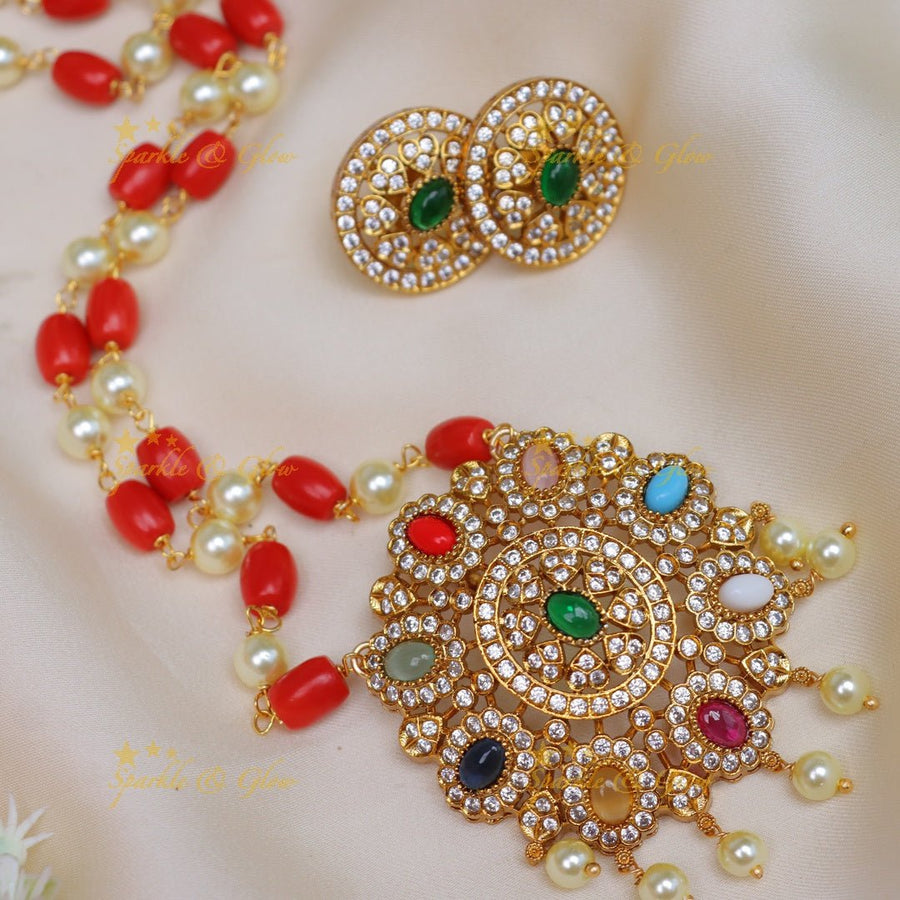 Pretty navarathna pendent with coral and pearl - Sparkle and Glow - Back Thread - 