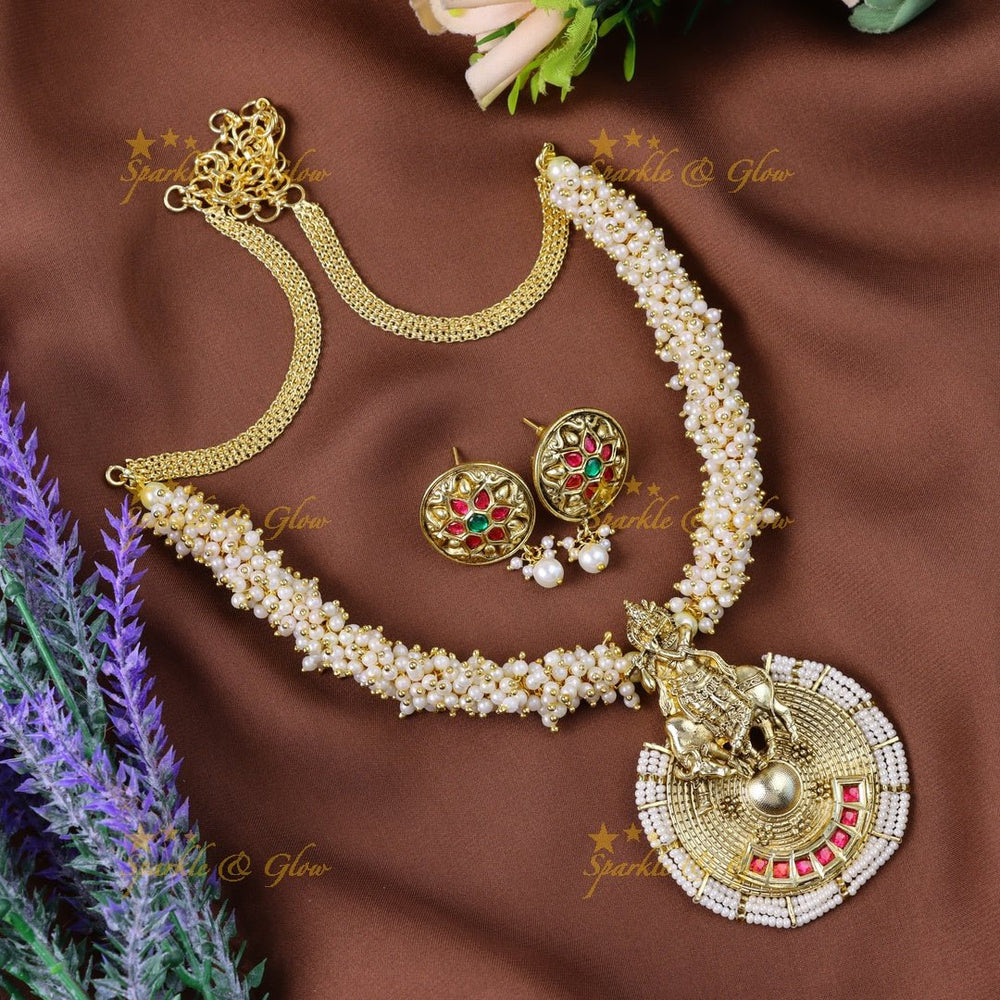 Elegant Idol Flute Krishna pendant carved pearl cluster short necklace - Sparkle and Glow - Back Thread - 