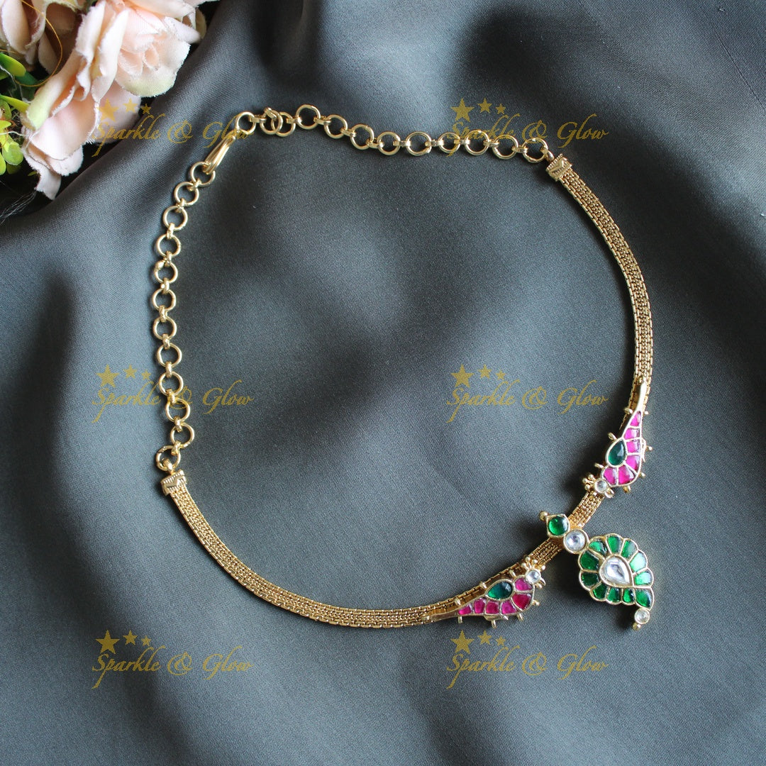 Stunning Mango Bird design carved Jadau short necklace-Rubygreen