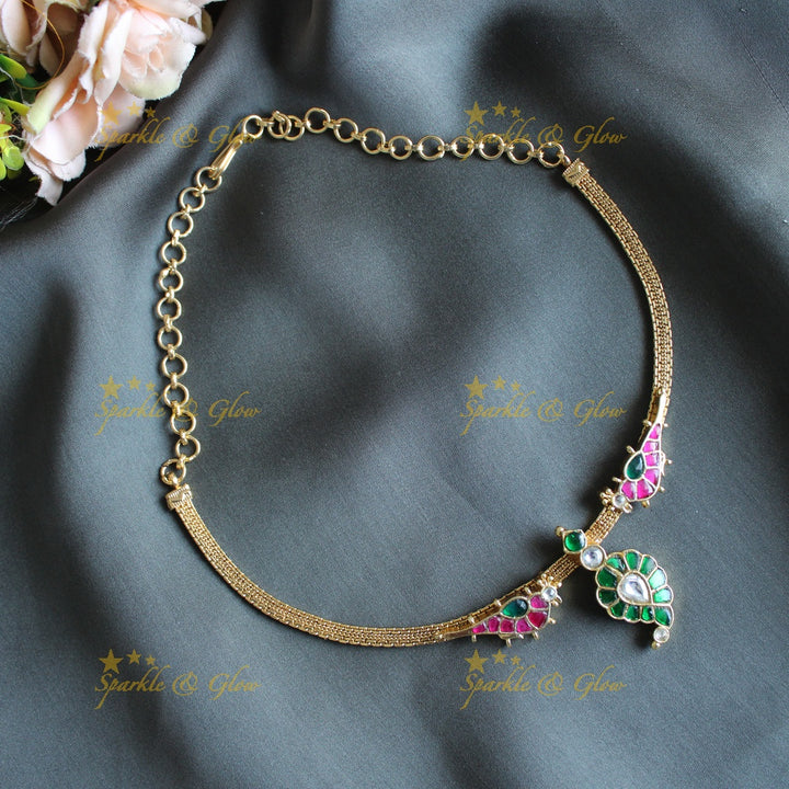 Stunning Mango Bird design carved Jadau short necklace-Rubygreen