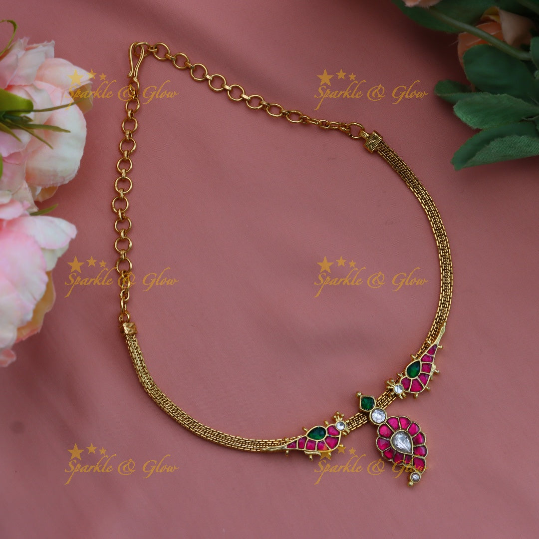 Stunning Mango Bird design carved Jadau short necklace-Rubygreen
