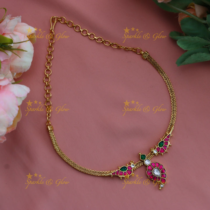 Stunning Mango Bird design carved Jadau short necklace-Rubygreen