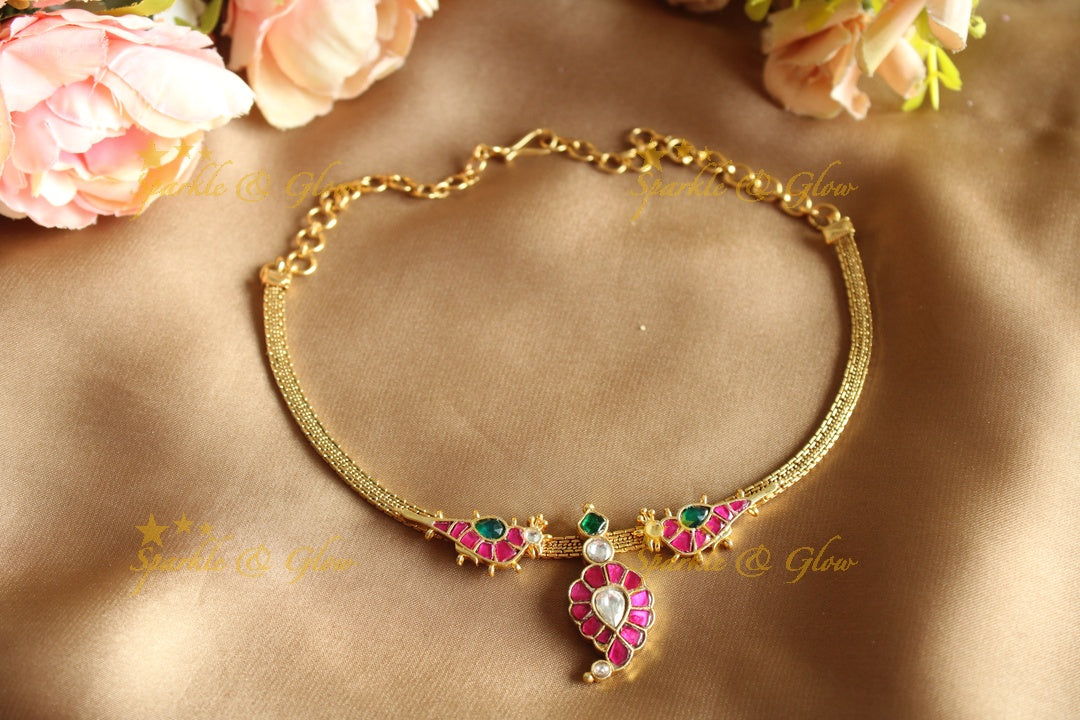 Stunning Mango Bird design carved Jadau short necklace-Rubygreen