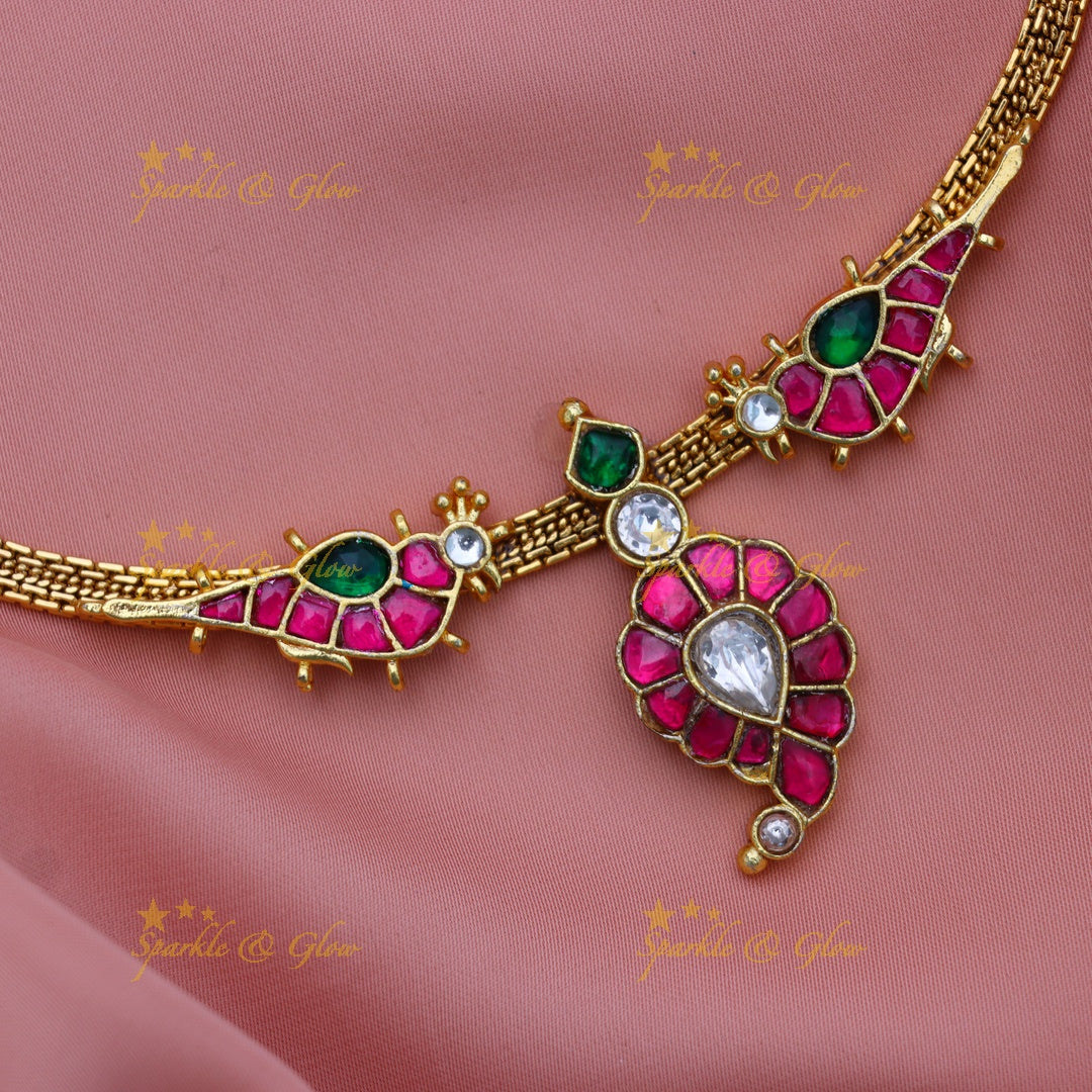 Stunning Mango Bird design carved Jadau short necklace-Rubygreen