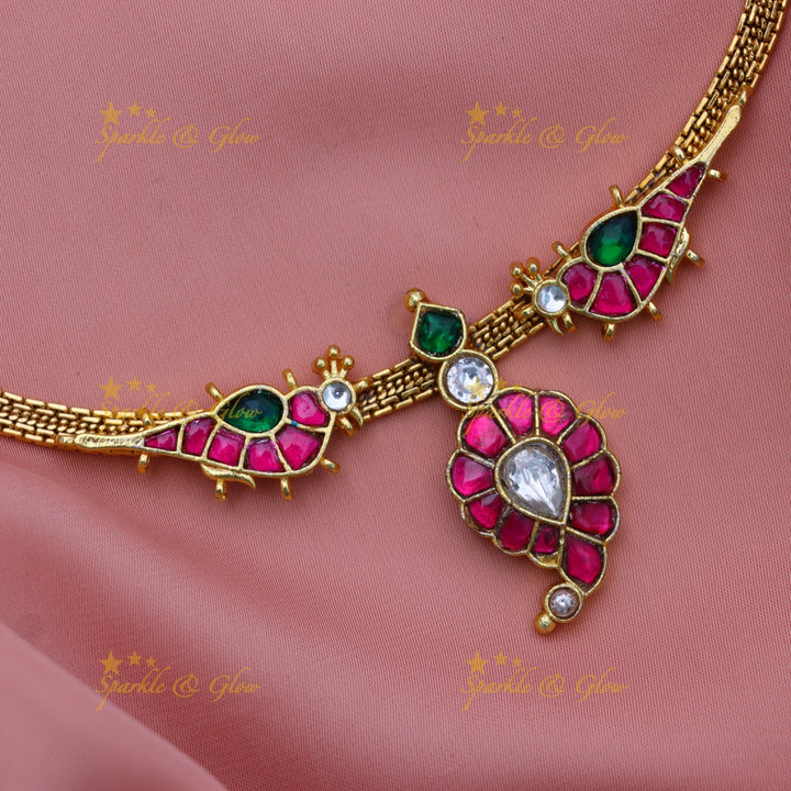 Stunning Mango Bird design carved Jadau short necklace-Rubygreen