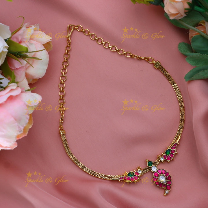 Stunning Mango Bird design carved Jadau short necklace-Rubygreen