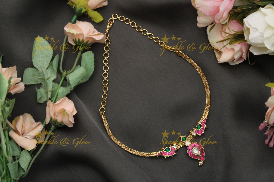 Stunning Mango Bird design carved Jadau short necklace-Rubygreen