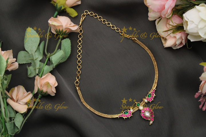 Stunning Mango Bird design carved Jadau short necklace-Rubygreen