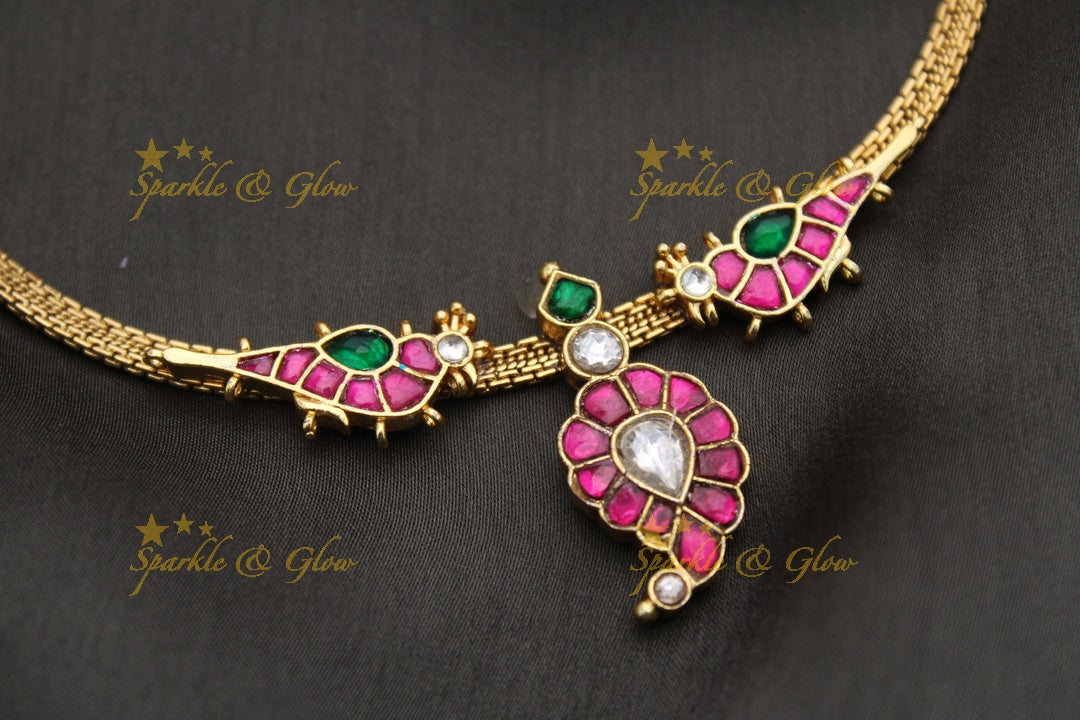 Stunning Mango Bird design carved Jadau short necklace-Rubygreen