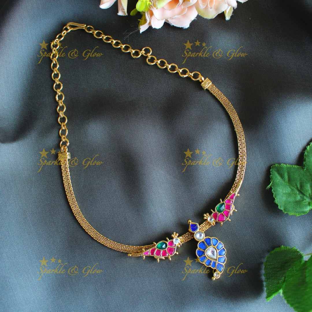 Stunning Mango Bird design carved Jadau short necklace-Rubygreen