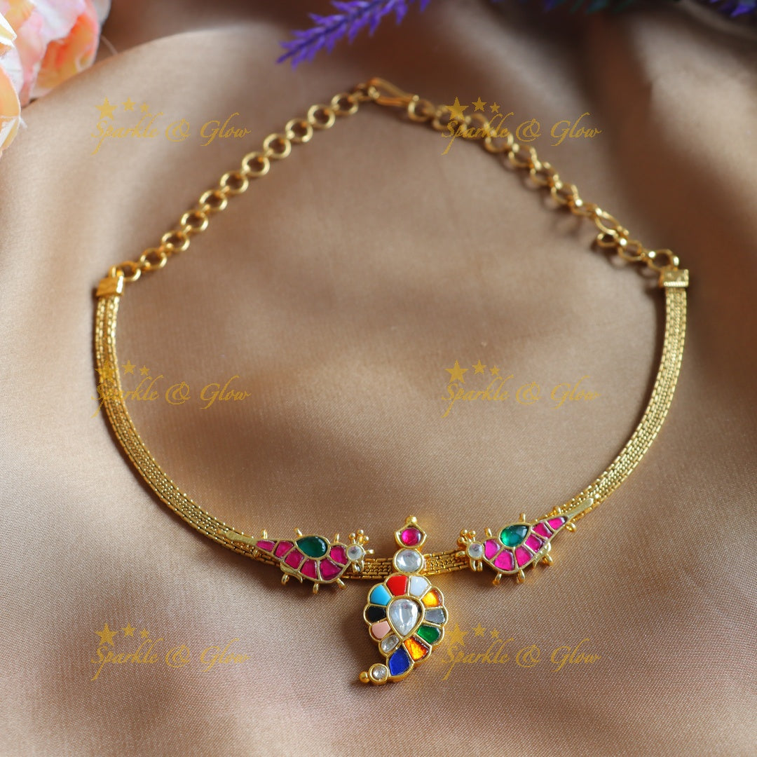 Stunning Mango Bird design carved Jadau short necklace-Rubygreen