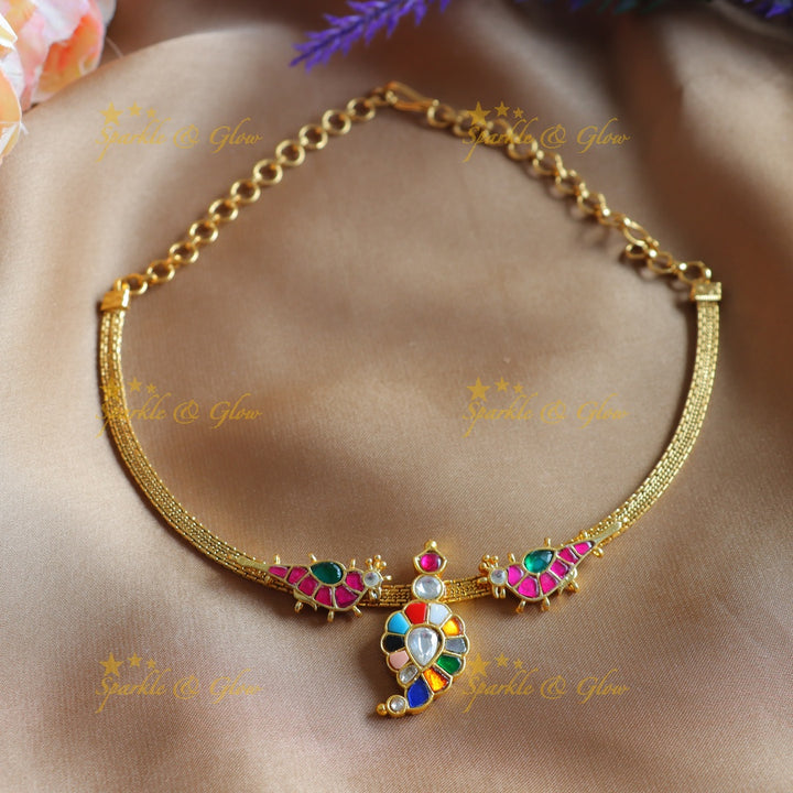 Stunning Mango Bird design carved Jadau short necklace-Rubygreen