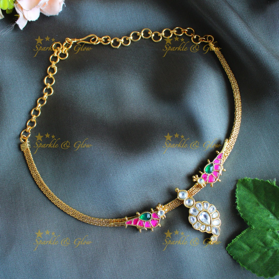 Stunning Mango Bird design carved Jadau short necklace-Rubygreen
