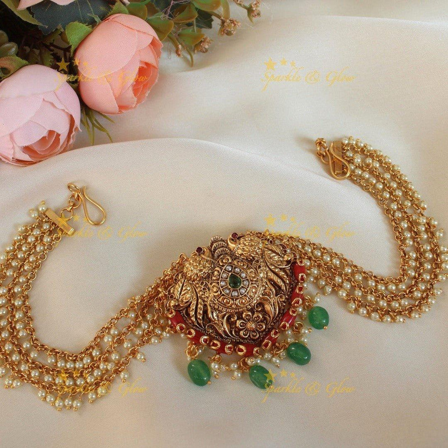 Stunning peacock and Floral design Jada billa with coral beads Maatil-green white - Sparkle and Glow