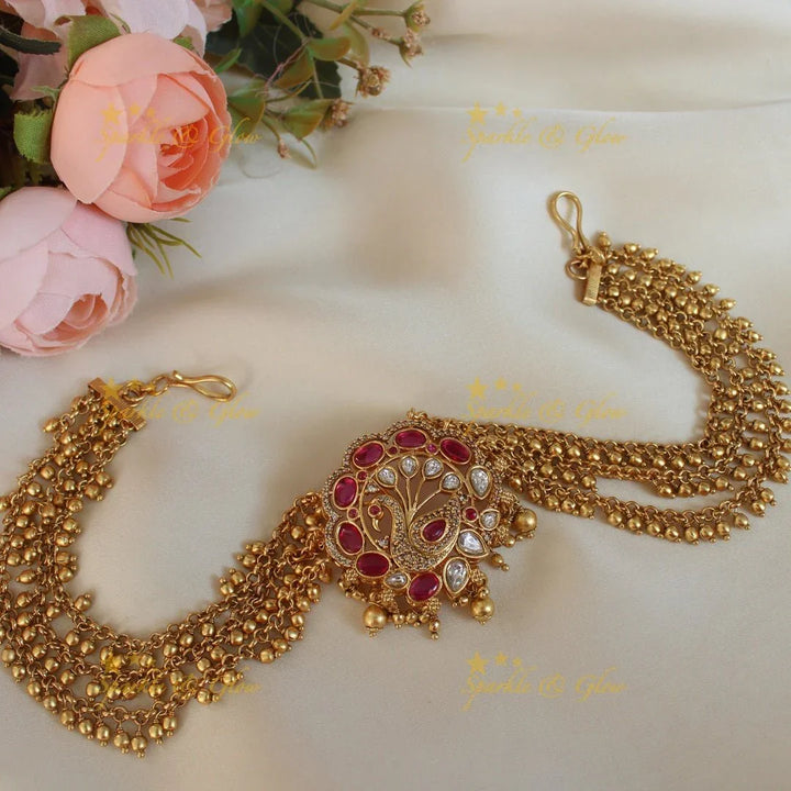 Beautiful peacock design pink and white stones Jada billa with gold beads maatil - Sparkle and Glow