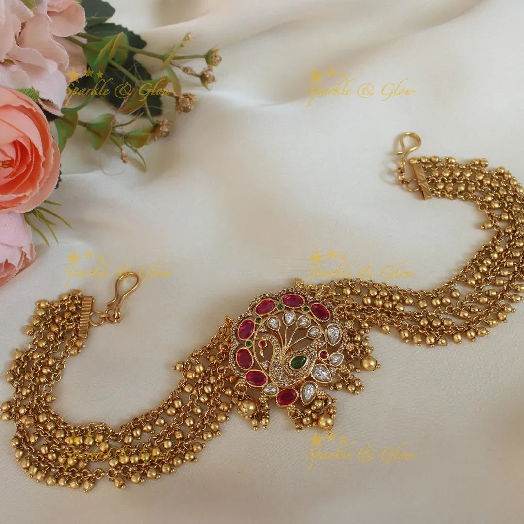 Beautiful peacock design pink and white stones Jada billa with gold beads maatil - Sparkle and Glow
